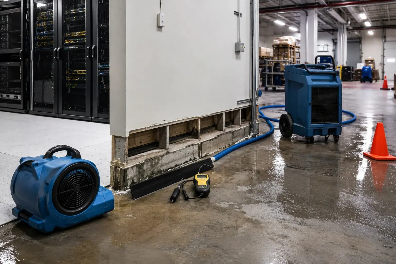 Server Room Water Damage Restoration Maple inspection and documentation
